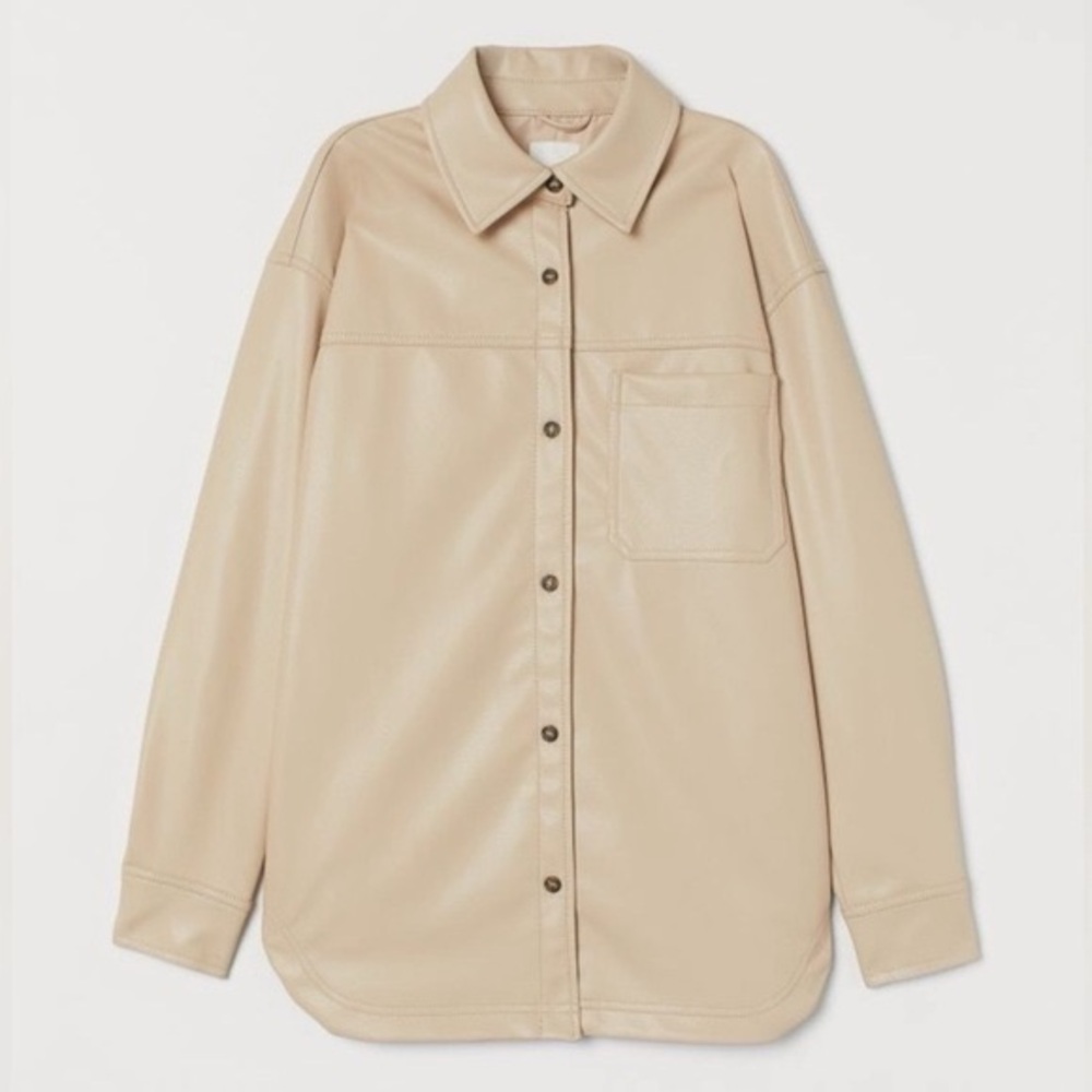H&M Cream Faux-Leather Shirt Jacket Vegan Large